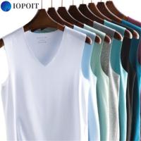 IOPOIT เสื้อกล้ามคอวีสำหรับผู้ชาย,เสื้อกล้ามลำลองผ้ายืดสีพื้นผ้าไอซ์ซิลค์เสื้อกล้ามไร้รอยต่อ