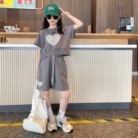 【CC】 New Clothing Fashion Streetwear Round Neck Print T-shirt   Elastic Waist Shorts 2pcs Outfit Set 4-14Yrs