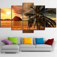 Tropical Beach Palm Trees Sunset Seascape ภาพวาดผ้าใบ-5ชิ้นชุดสำหรับ HD พิมพ์โปสเตอร์-Framework ห้องนั่งเล่นตกแต่งบ้าน