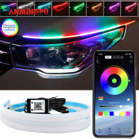 ANMINGPU 2x ยืดหยุ่น APP DRL ไฟวิ่งกลางวันสำหรับไฟหน้ารถยนต์ลำดับ RGB DRL แถบไฟ LED เลี้ยวสีเหลืองไฟสัญญาณ