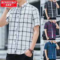 【YY】BINHIIRO Mens Short Sleeved Shirt New loose Plaid Shirt Classic Trend Breathable Slim Shirt Summer Handsome Fashion Lapel Top