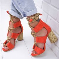 High Heels Women Sandals Hemp Rope Lace Up Summer Shoes Woman Fish Mouth Gladiator Sandals 2023 Ladies Pumps Orange Big Size 43