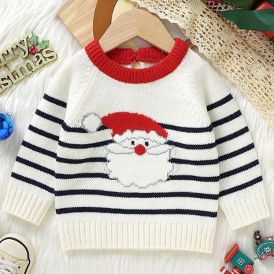 Girls Autumn Christmas Sweater White Striped Pullover Round Neck For Boy Knit Childrens Baby Infant Top Outdoor Clothes 2023