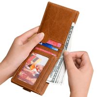 กระเป๋าสตางค์วินเทจแท้หนังกั้น RFID สำหรับผู้ชายกระเป๋าเงินแบบมินิกระเป๋าใส่บัตรเครดิตกระเป๋าคลิปเงินกระเป๋าผู้ชาย Tek Seng