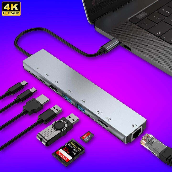 Usb C Hub 3 1 Type C Hub ถึง4k Hdmi Adapter Thunderbolt 3 Usb 2 0 Rj45 Vga Tf Sd Reader สล็อต Pd