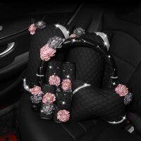 Flower Car Steering Wheel Cover Leather Car Neck Waist Pillow Universal Car Styling Headrest Cushion Pearl Tissue Box Women Steering Wheels Accessorie