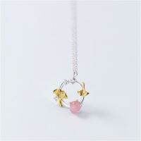 s925 Ginkgo necklace สร้อยคอเงินแท้  ใบปิงโกะสีทอง ประดับหินธรรมชาติ Pink Cateye และ Cubic Zirconia (CZ)