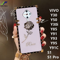 JieFie เพชร Rose สำหรับ VIVO S1 Pro / S1 / Y91C / Y85 / Y30 / Y50 / Y30i / Y91 / Y93/Y95ล่าสุด Chrome Luxury ดอกไม้ปลอกสแควร์ TPU ฝาครอบโทรศัพท์กันกระแทก