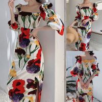 Celmia loral Print Puff Long Sleeve Square Neck Casual Long Dress