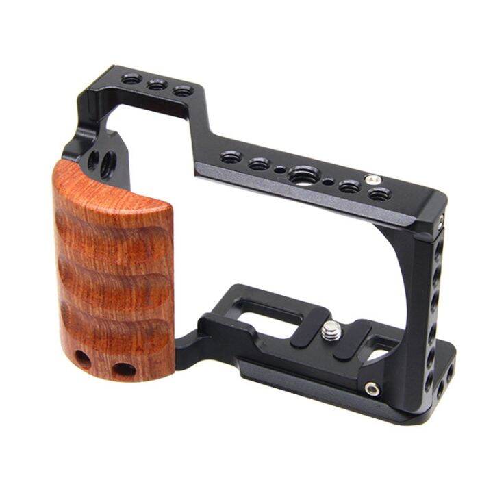 aluminum-alloy-camera-cage-stabilizer-with-wooden-handle-grip-for-sony-zv-e10-protector-cover-with-cold-shoe-mount