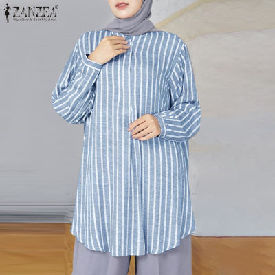 (สินค้ามาใหม่)(จัดส่งฟรี)Fancystyle ZANZEA เสื้อเสื้อพิมพ์ลายลายทางมุสลิมผู้หญิงเสื้อรอบคอหลวมวินเทจ