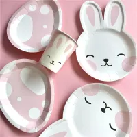 Happy Birthday Decoration Rabbit Bunny Egg Shape Cup Plate Easter Party Decor Disposable Tableware Party Favor