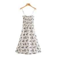 ZZOOI KPYTOMOA Women 2020 Chic Fashion Floral Print Elastic Smocked Midi Dress Vintage Backless Thin Straps Female Dresses Vestidos