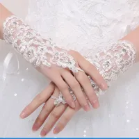 ●☎ AYiCuthia Elegant Tulle White Lace Bridal Gloves Wrist Length Crystal Wedding Dress Gloves Hook Finger Bridal Gloves ST1