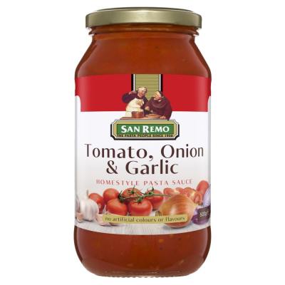 San Remo Tomato, Onion &amp; Garlic Pasta Sauce ซานรีโม่โทเมโท้ ออเนี่ยน แอนด์ กาลิค พาสต้าซอส ขนาด 500 กรัม (0413)
