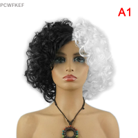 PCWFKEF ภาพยนตร์ cruella Black และ White SHORT CURLY วิกผมทนความร้อนสังเคราะห์ผม2021