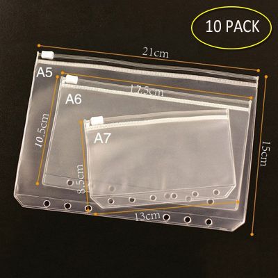 10Pcs Clear Plastic bags A5 A6 A7 Size Zipper Binder Pockets Pouched For Ring Notebook Binder