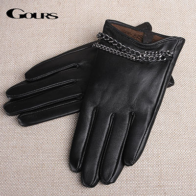2021Gours Womens Genuine Leather Gloves Winter Warm Sheepskin Touch Screen Gloves Black Fashion Chain Mittens New Arrival GSL074