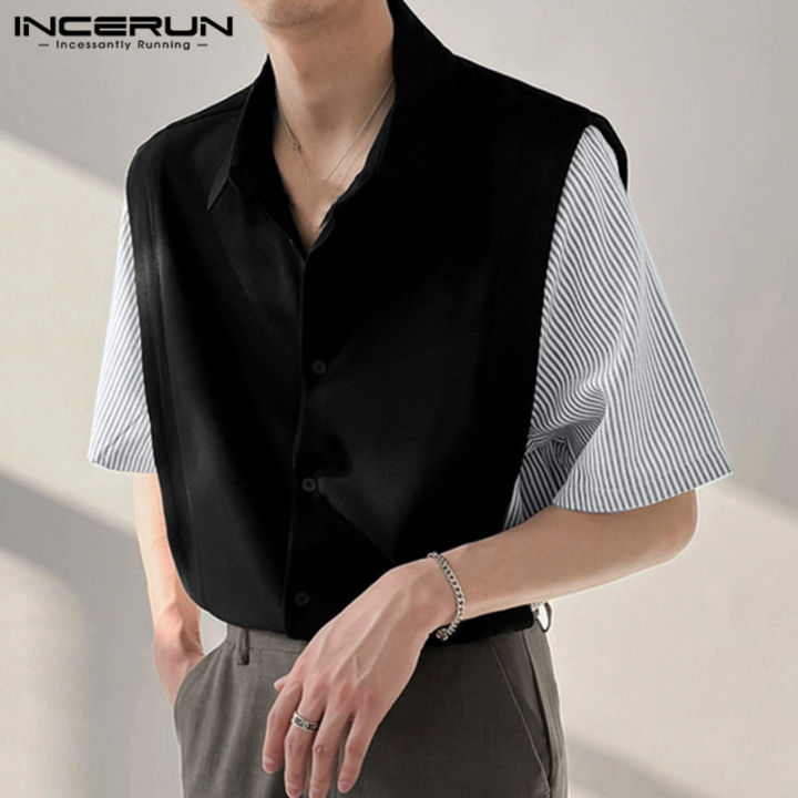 ผู้ชายแขนสั้น-incerun-เสื้อเชิ้ตผ้าต่อสีลายทางลำลองพอดีกับเสื้อสตรีทำงานอย่างเป็นทางการ-ลดล้างสต๊อก