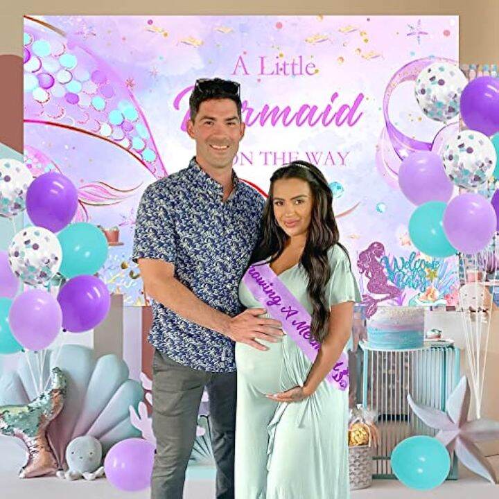 dekorasi-baby-shower-นางเงือกสำหรับเด็กผู้หญิง-jollyboom-ลูกโป่งนางเงือกอุปกรณ์ทำพวงมาลัยกับนางเงือกน้อยกำลังเดินทางแบนเนอร์ฉากหลังสำหรับอาบน้ำทารกอุปกรณ์งานเลี้ยงวันเกิด