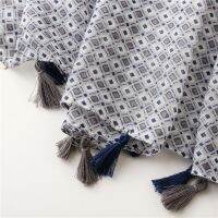 Blue Square Grid Print Scarf Women Cotton Linen Bali Yarn Tassel Shawl Muslim Fashion Hijab