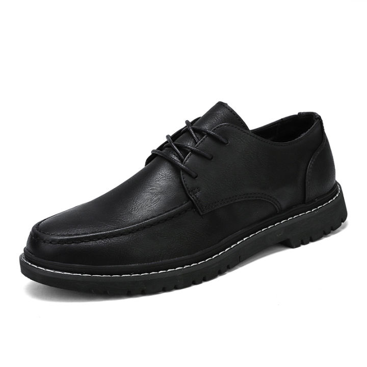 รองเท้าหนังลำลองสำหรับผู้ชายแบบผูกเชือกสีทึบรองเท้าผ้าใบส้นเตี้ยหัวกลมสีดำ