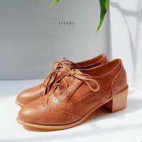 รองเท้าแฟชั่นผู้หญิง Issara Shoes สไตล์ Vintage ส้นสูง หนังเรียบ ฉลุรอบ ผูกโบว์  สีน้ำตาล