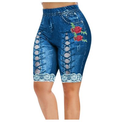 Short Leggings Womens Vintage Cowboy Printed Leggings Shorts High Waist Slim Fit Sporty Pants Faux Denim Shorts