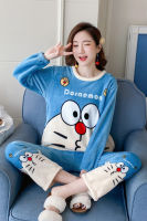 Doraemon Cartoon Flannel Pajamas Womens Suit Long Sleeve Thick Coral Fleece Sleepwear Pullover Ladies Nightwear Homewear Set