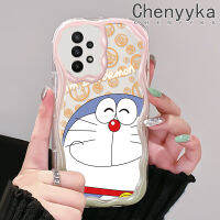 Chenyyka เคสปลอกสำหรับ Samsung กาแลคซี A22 4G A22 5G A23 A21s M22 A24การ์ตูนโดราเอมอนน่ารักสำหรับผู้ชายและผู้หญิงเคสซิลิโคนอ่อนชัดเจนกันกระแทกป้องกันกล้องเคสโทรศัพท์โปร่งใสคลื่นเนื้อครีม