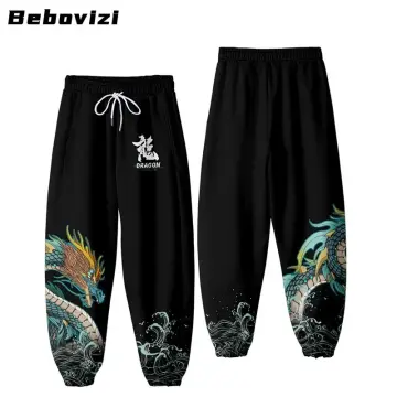 Black Harajuku printed anime sweatpants male streetwear wide leg