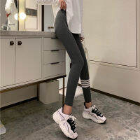 2020 Korean-Style chic Hong Kong Style Retro White Stripe Contrast Color Leggings Outer Wear Tight Sports Yoga Knitted Ankle Tight Pants