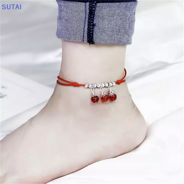 lowest-price-sutai-สร้อยข้อเท้าแฟชั่นสไตล์โบฮีเมียนย้อนยุคสำหรับผู้หญิงเชือกถักสีแดงแบบเรียบง่าย
