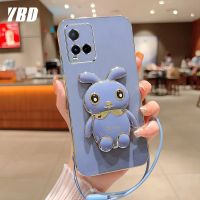 YBD เคสกระต่ายน่ารักสำหรับ Vivo Y33T Y33S Y21 2021 Y21S Y21A Y21E Y21T เคสโทรศัพท์การ์ตูนขาตั้งแบบสามมิติฟรีสายคล้องเคสซิลิโคนแบบนิ่ม