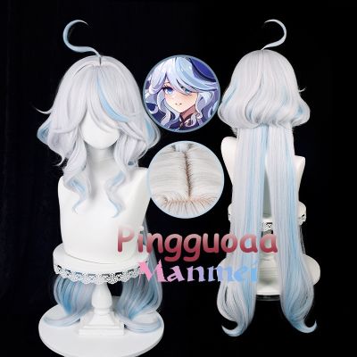 Manmei Genshin Impact Focalors Cosplay Wig 100cm Long Silver White Blue Wigs Cosplay Anime Cosplay Wigs Heat Resistant Synthetic Wigs cd