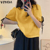 VONDA เสื้อเบลาส์กางเกงขาสั้นมีจีบสีพื้นลำลองสำหรับผู้หญิง,เสื้อเบลาส์เสื้อยืดคอกลมลำลอง