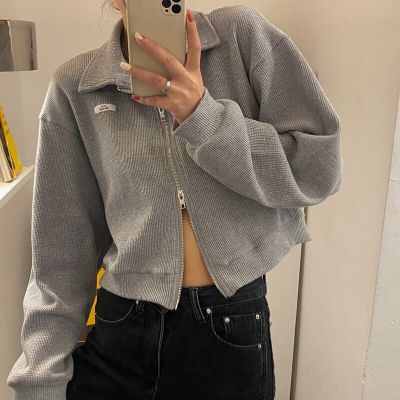 ‘；’ MEXZT Women Zipper Cropped Jackets Fashion Letter Loose Sweatshirt Korean Casual Short Y2k Tops Spring Harajuku Lady Clothes New