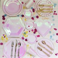❒ﺴ¤ Reflective Rainbow Disposable Tableware Sets Paper Plates Cups Iridescent Wedding Birthday Party Decor Rainbow Party Supplies