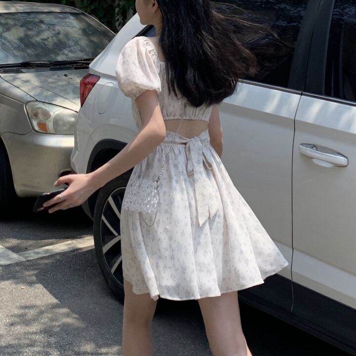 a-so-cute-ผ้าชีฟองแขนพองผู้หญิงเปิดหลังลายดอกไม้ชุดมินิเดรสคอสี่เหลี่ยม