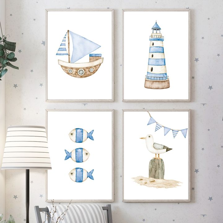 sailboat-lighthouse-fish-nautical-nursery-posters-and-prints-canvas-painting-nordic-wall-art-pictures-baby-kids-room-home-decor