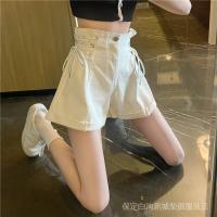 Korean Lace-Up High Waist White Denim Shorts Women Summer Loose 2022 New Style a-Line Slimmer Look Wide-Leg Version Pants Trendy