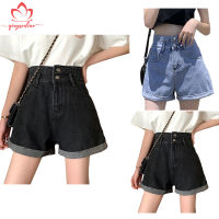 Qingsediao Celana Pendek Denim ผู้หญิงขาบานหลวมเอวสูง Celana Pendek Denim ฤดูร้อนพร้อมกระเป๋าลำลอง