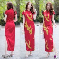 SS11346 Maxi Dress เดรส กี่เพ้ายาว ลายขนนก