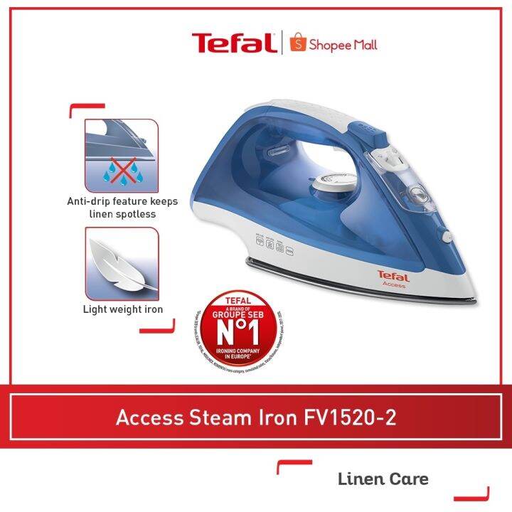 TEFAL Access Steam Iron FV1520 AntiDrip Tech Light Weight 25G/Min 75g/Min Boost Lazada PH