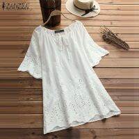 ▤  2023 ZANZEA Womens Embroidery Blouse Elegant Hollow Floral White Blusas Female Half Sleeve Tunic  Summer Tops S-