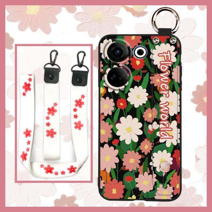 anti-dust-kickstand-phone-case-for-tecno-camon20-pro-4g-ck7n-wrist-strap-lanyard-painting-flowers-shockproof-sunflower