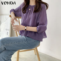 VONDA Women Korean KCasual Half Sleeve Crew Neck Solid Color Ruffled Blouses