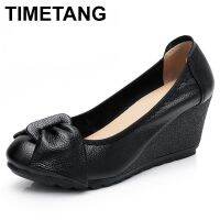 TIMETANG Autumn Genuine Womens Leather High Heels Female Shoes Mary Jane Pumps Slip On Casual Woman Wedges Shallow Platformshoe