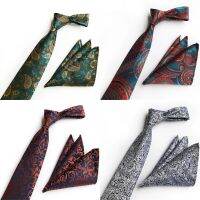 New Green Paisley Floral Neck Ties for Men Silk Neck Tie Pocket Squares Sets 8cm Gold Grey Neckties Wedding Accessories A039