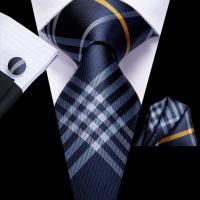 Hi-Tie  Silk Wedding Tie For Men Blue White PlaidHandky Cufflink Set Fashion Designer Necktie For Men Business Party Dropship Ties